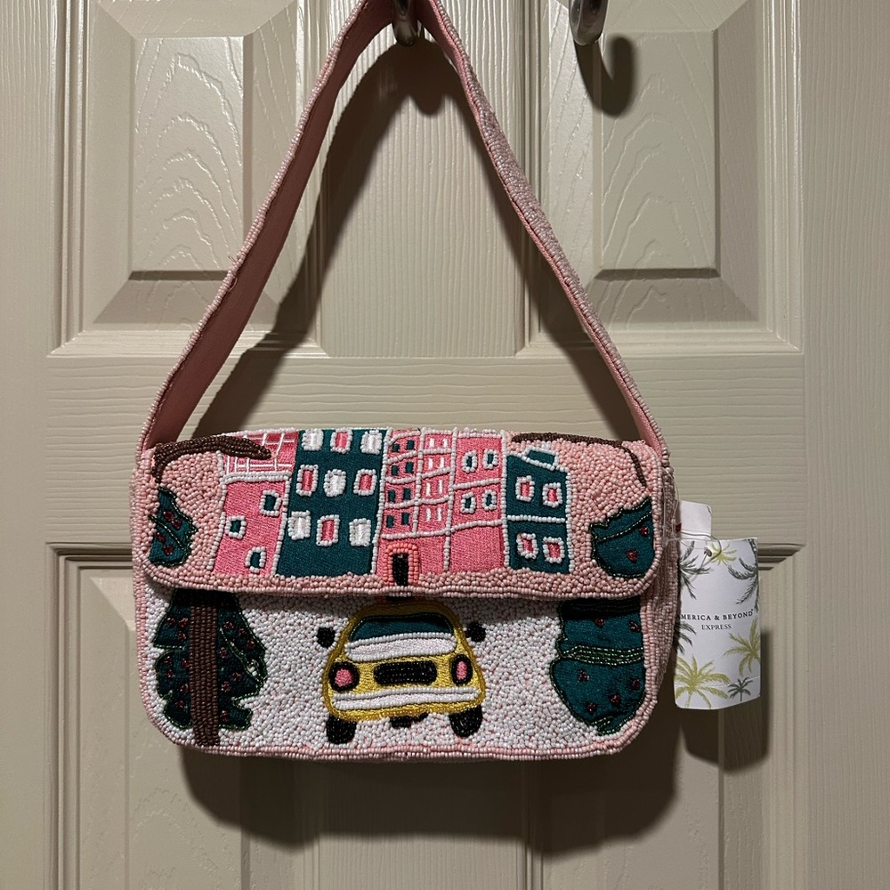 America & Beyond Pink Taxi Beaded Shoulder Bag